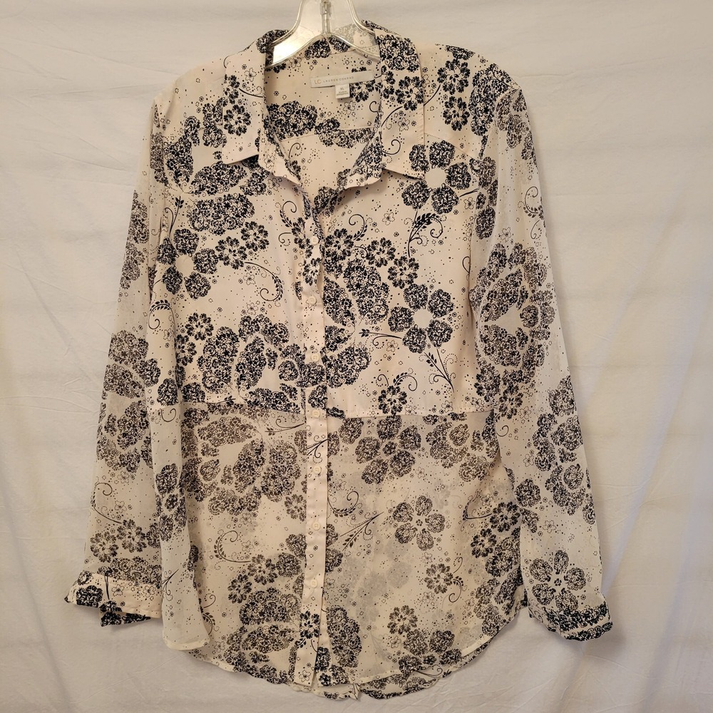 LC Lauren Conrad XL Blouse Cream Black Floral Longsleeve Sheer Button Up